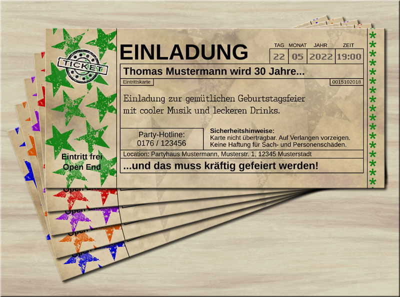 Einladungskarten Store Einladungskarten Vintage Old Big Star Grun Din Lang Ticketformat Karten Geburtstag Feier Fest Fete Party Einladungen Vordruck