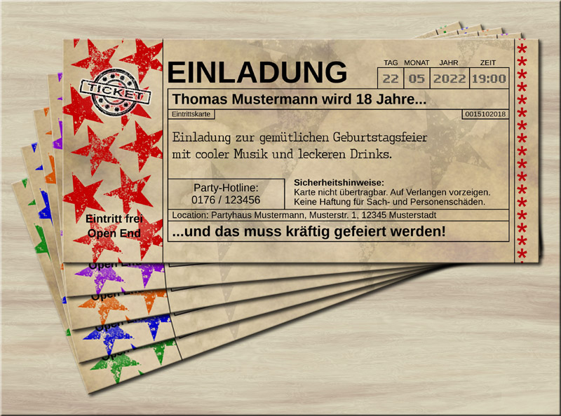 Einladungskarten Store Einladungskarten Vintage Old Big Star Rot Din Lang Ticketformat Karten Geburtstag Feier Fest Fete Party Einladungen Vordruck